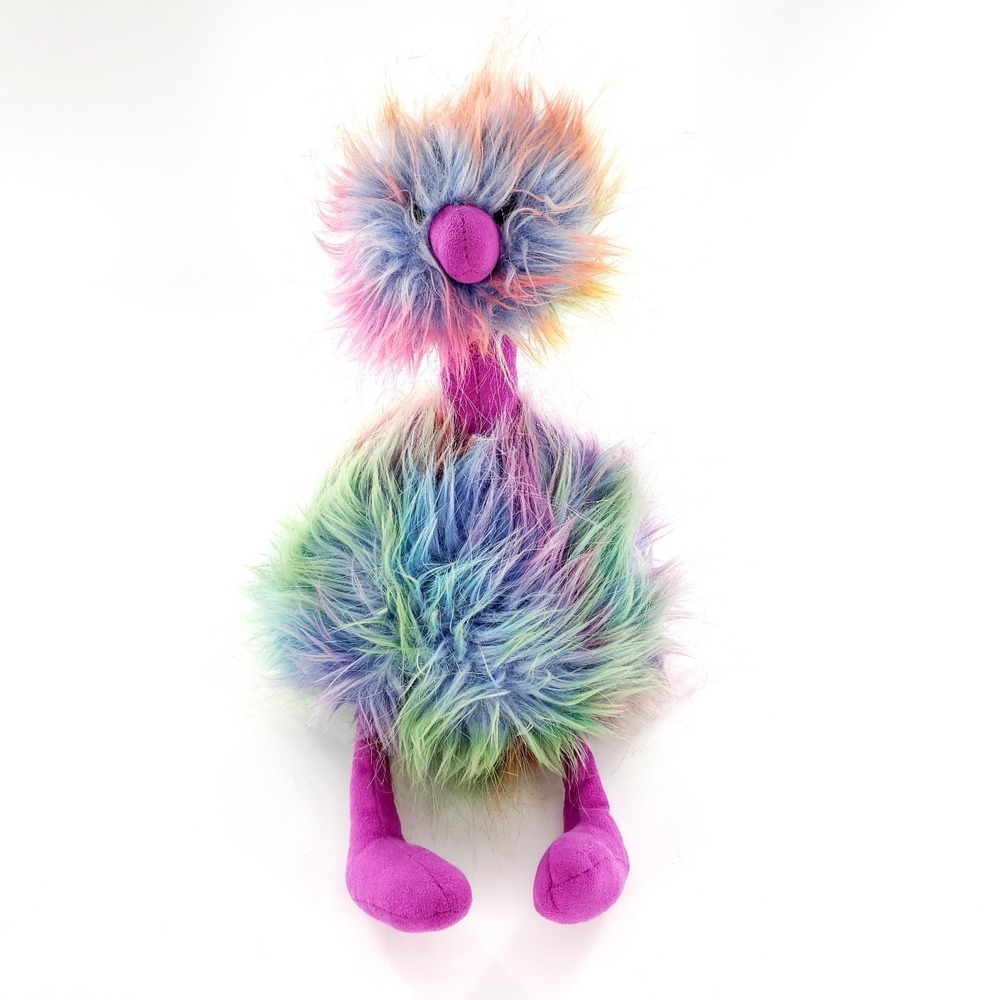 Jellycat Rainbow Pompom Bird Ostrich Plush Multi Color Purple Feet 13"